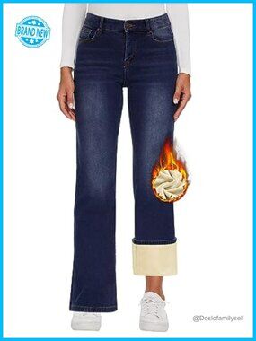 Fleece Lined High Waisted Wide Leg Jeans Winter Thermal Denim Pants